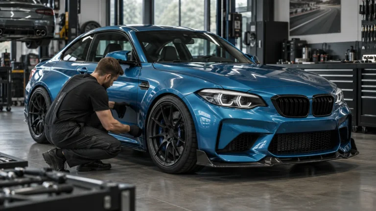 BMW M2 F87 legal tunen: Servicetechniker prüft das Fahrzeug in der Kfz-Werkstatt. KI-generiertes Symbolbild · redaktionell geprüft.