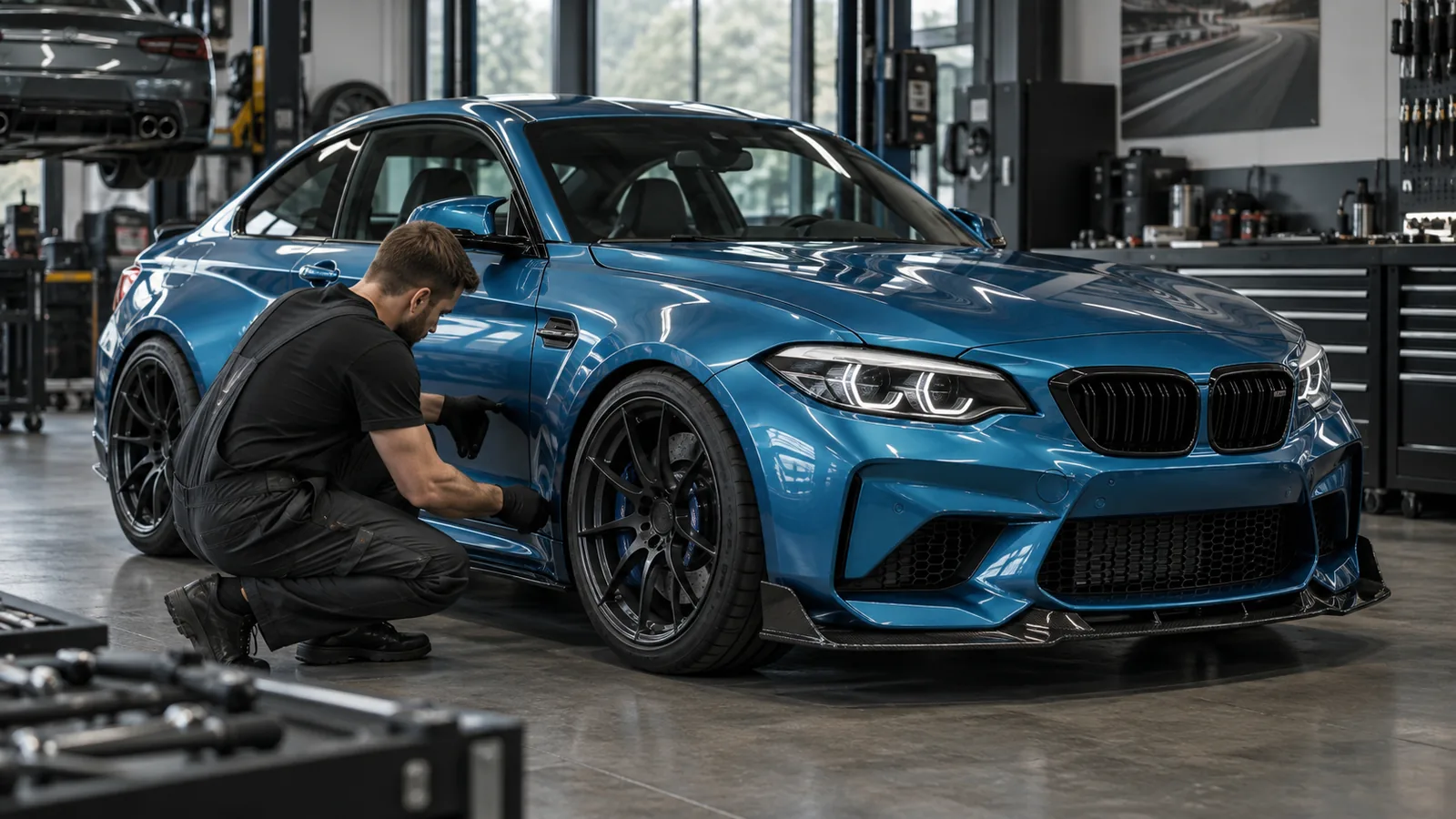 BMW M2 F87 legal tunen: Servicetechniker prüft das Fahrzeug in der Kfz-Werkstatt. KI-generiertes Symbolbild · redaktionell geprüft.