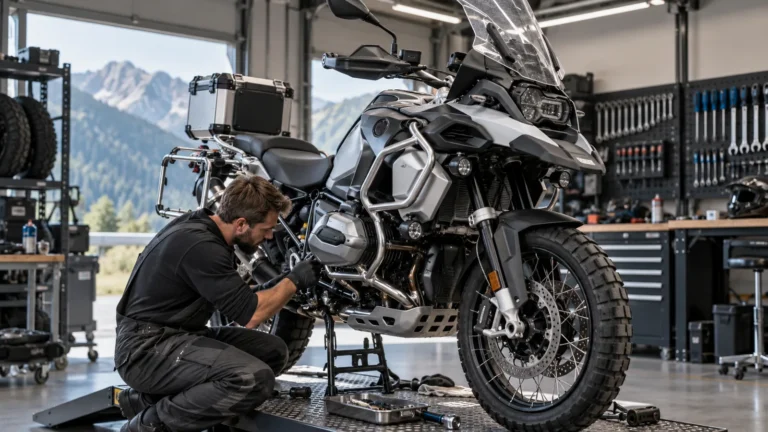 BMW R 1250 GS legal umbauen: Mechaniker begutachtet Anbauteile an dem Motorrad in der Werkstatt. KI-generiertes Symbolbild · redaktionell geprüft.