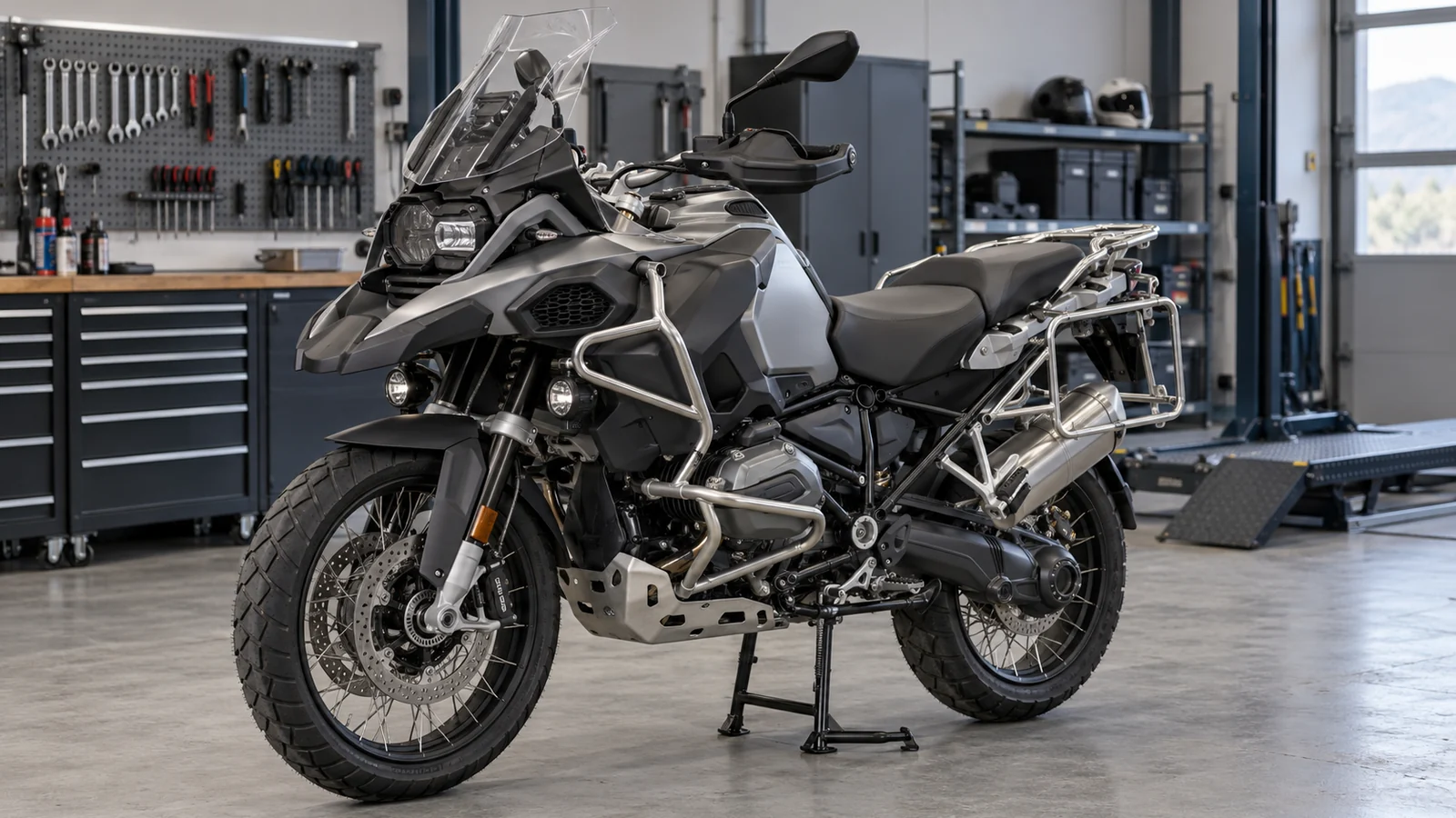 Boxer-Reiseenduro mit Sturzbügeln, Motorschutz und Gepäckträger in der Werkstatt — KI-generierte Szene · redaktionell geprüft