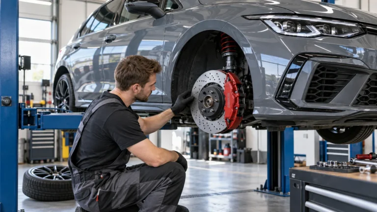 Mechaniker am Radausschnitt eines aufgebockten Autos mit rotem Bremssattel. KI-generiertes Symbolbild · redaktionell geprüft.