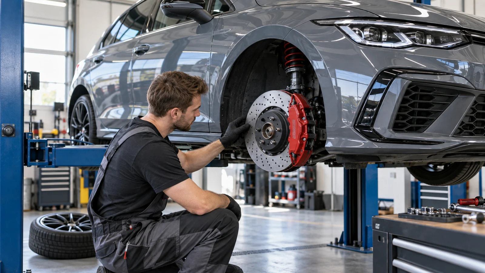 Mechaniker am Radausschnitt eines aufgebockten Autos mit rotem Bremssattel. KI-generiertes Symbolbild · redaktionell geprüft.