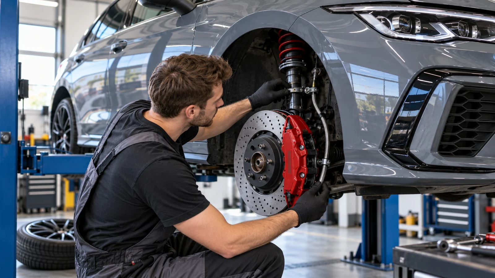Mechaniker setzt Bremsscheibe und Sattel mit Stahlflexleitung am Vorderrad ein. KI-generierte Szene · redaktionell geprüft.