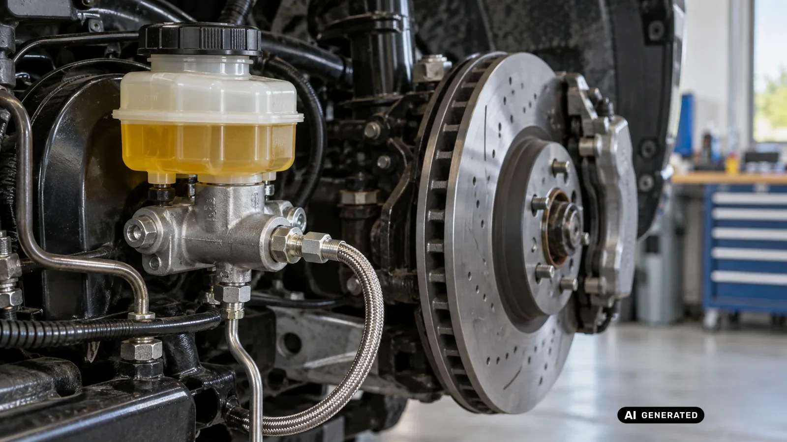 Mechaniker fuellt Bremsfluessigkeit aus einer Flasche in den Ausgleichsbehaelter eines Autos nach