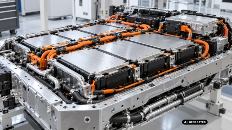 Geoeffnetes Hochvolt-Akkupack mit sichtbaren Batteriemodulen und orangefarbener Hochvolt-Verkabelung