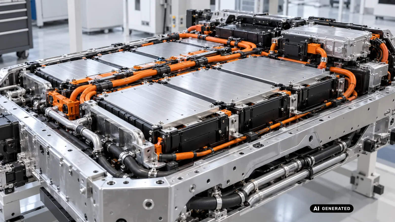 Geoeffnetes Hochvolt-Akkupack mit sichtbaren Batteriemodulen und orangefarbener Hochvolt-Verkabelung