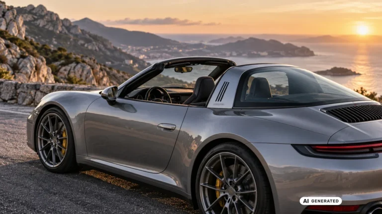 Sportwagen mit Targa-Dach steht auf einer Bergstraße mit Blick auf die Küste. KI-generiertes Symbolbild · redaktionell geprüft.
