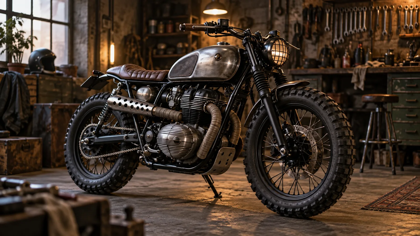 Café Racer, Bobber und Scrambler: Mechaniker prüft ein Motorrad und zugehörige Anbauteile in der Werkstatt. KI-generiertes Symbolbild · redaktionell geprüft.