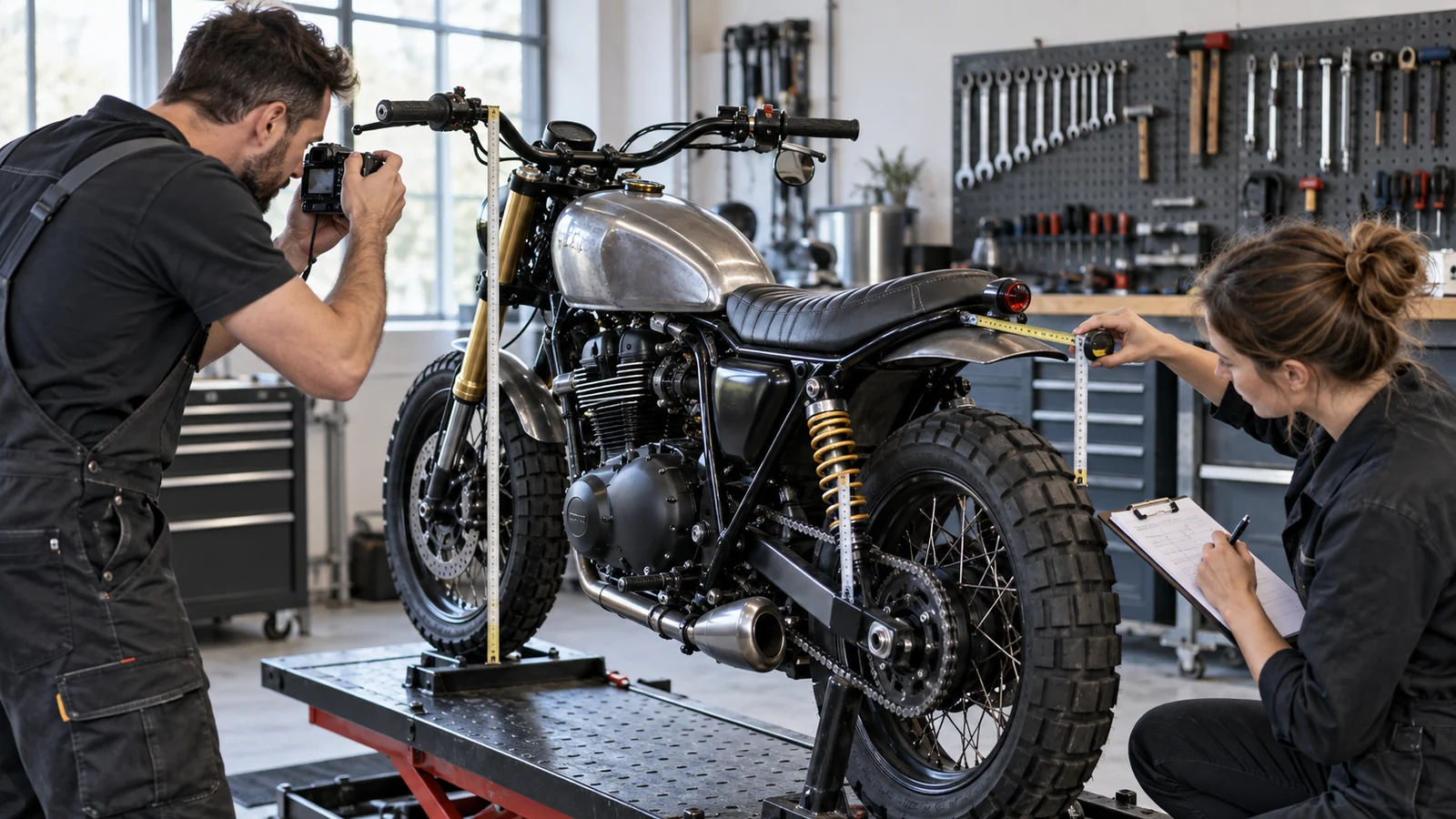 Mann fotografiert ein Custom-Motorrad auf dem Hebetisch, eine Frau misst die Höhe mit Bandmaß. KI-generierte Szene · redaktionell geprüft.