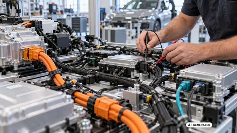 Techniker misst mit einem Multimeter an den Steuergeräten und Datenleitungen eines Fahrzeugs. KI-generiertes Symbolbild · redaktionell geprüft.