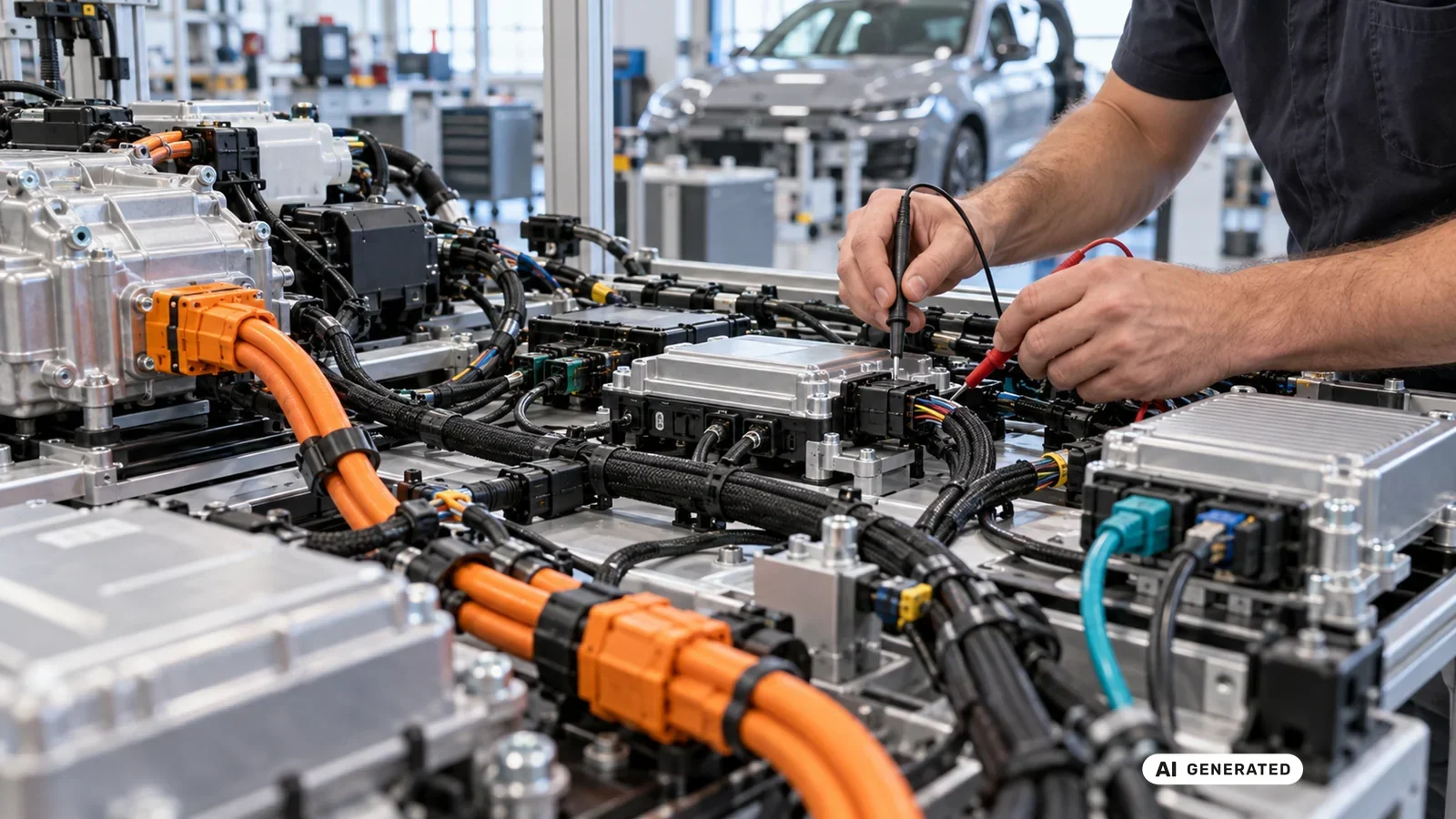 Techniker misst mit einem Multimeter an den Steuergeräten und Datenleitungen eines Fahrzeugs. KI-generiertes Symbolbild · redaktionell geprüft.