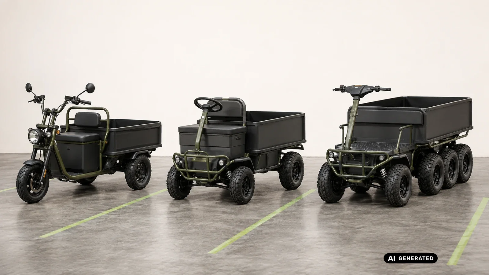Bauarten im Vergleich: dreirädriges, vierrädriges und sechsrädriges Cargo-Quad. KI-generiertes Symbolbild · redaktionell geprüft.