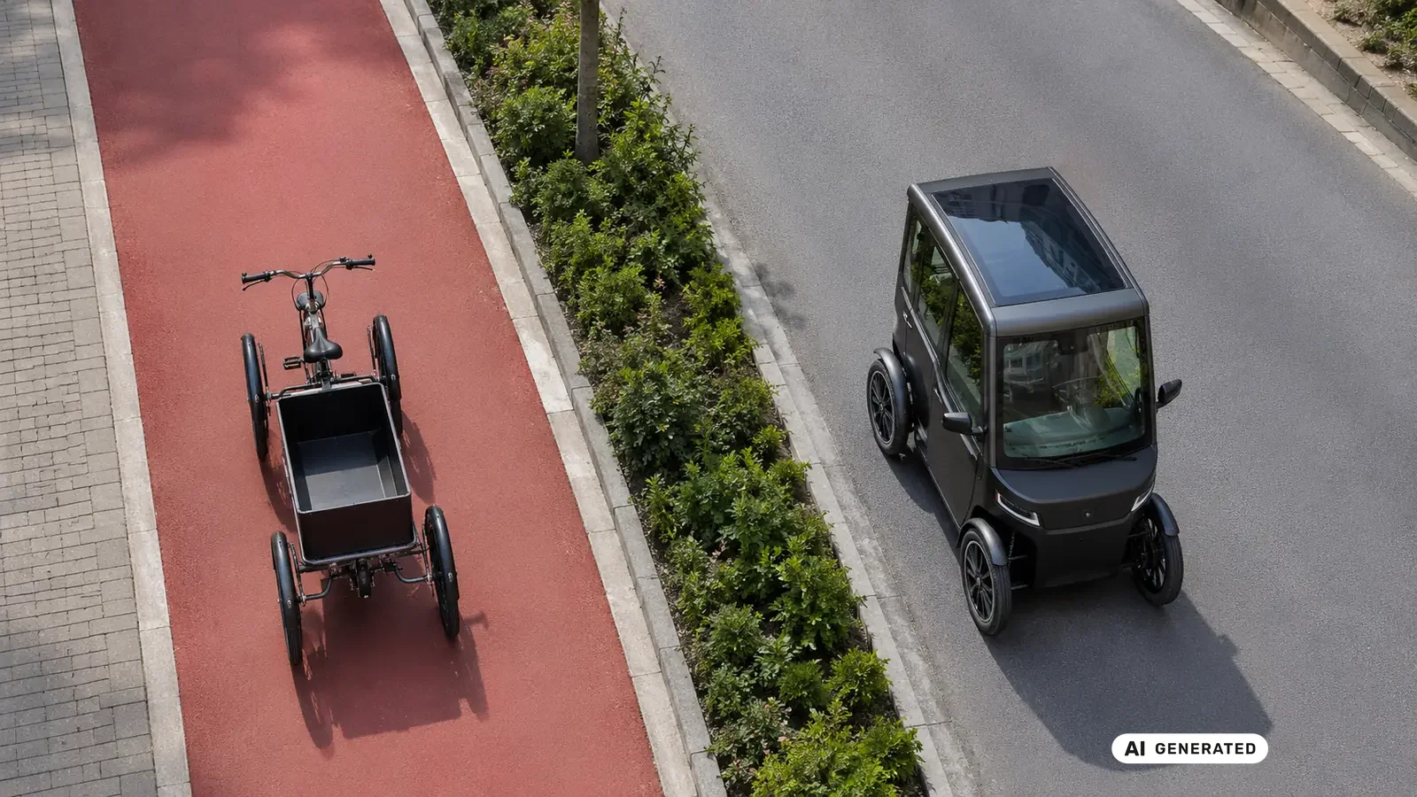 EPAC-Cargo-Quad gegenüber L-Klasse-Kraftfahrzeug: Radweg oder Fahrbahn. KI-generiertes Symbolbild · redaktionell geprüft.