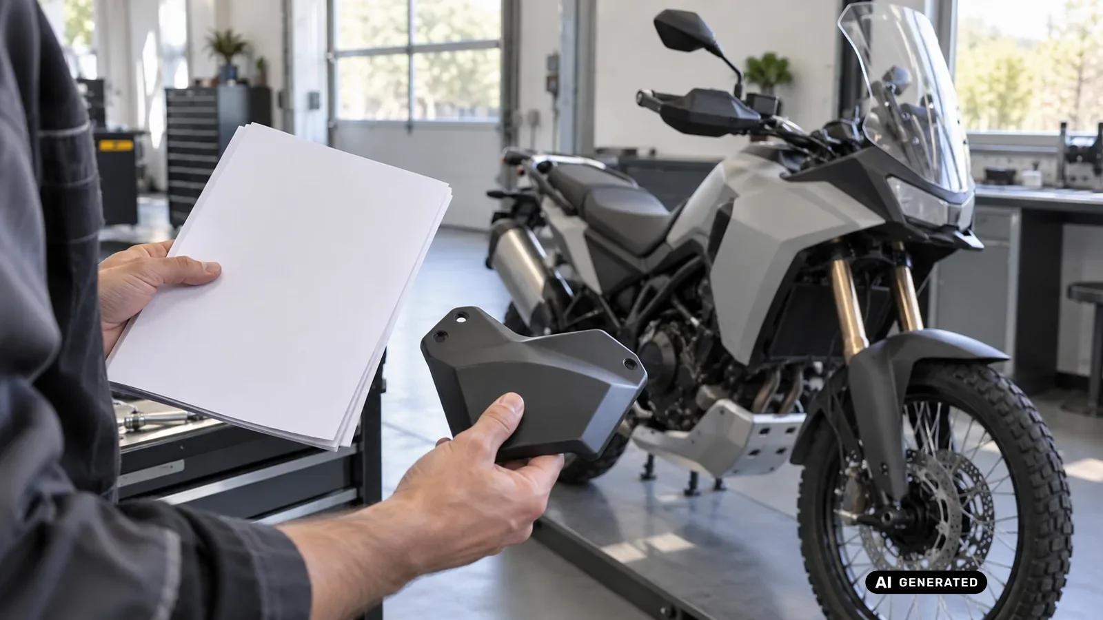 Dokumenten- und Bauteilabgleich für den Beitrag CFMOTO 450MT 2024–2026; Schrift und persönliche Daten sind nicht lesbar. — KI-generierte Szene, redaktionell geprüft