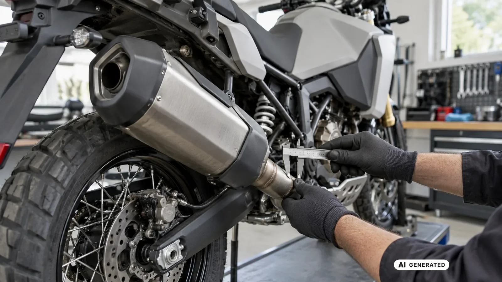 Technische Detailprüfung zum Thema ECE-Anlage statt internationalem Fitment an einer neutralen Fahrzeugdarstellung für CFMOTO 450MT 2024–2026. — KI-generierte Szene, redaktionell geprüft