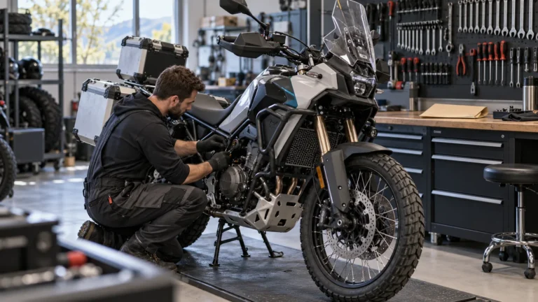 CFMoto 450MT 2024–2026: Mechaniker begutachtet Anbauteile an dem Motorrad in der Werkstatt. KI-generiertes Symbolbild · redaktionell geprüft.