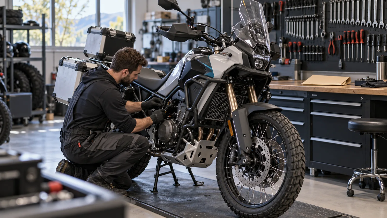 CFMoto 450MT 2024–2026: Mechaniker begutachtet Anbauteile an dem Motorrad in der Werkstatt. KI-generiertes Symbolbild · redaktionell geprüft.