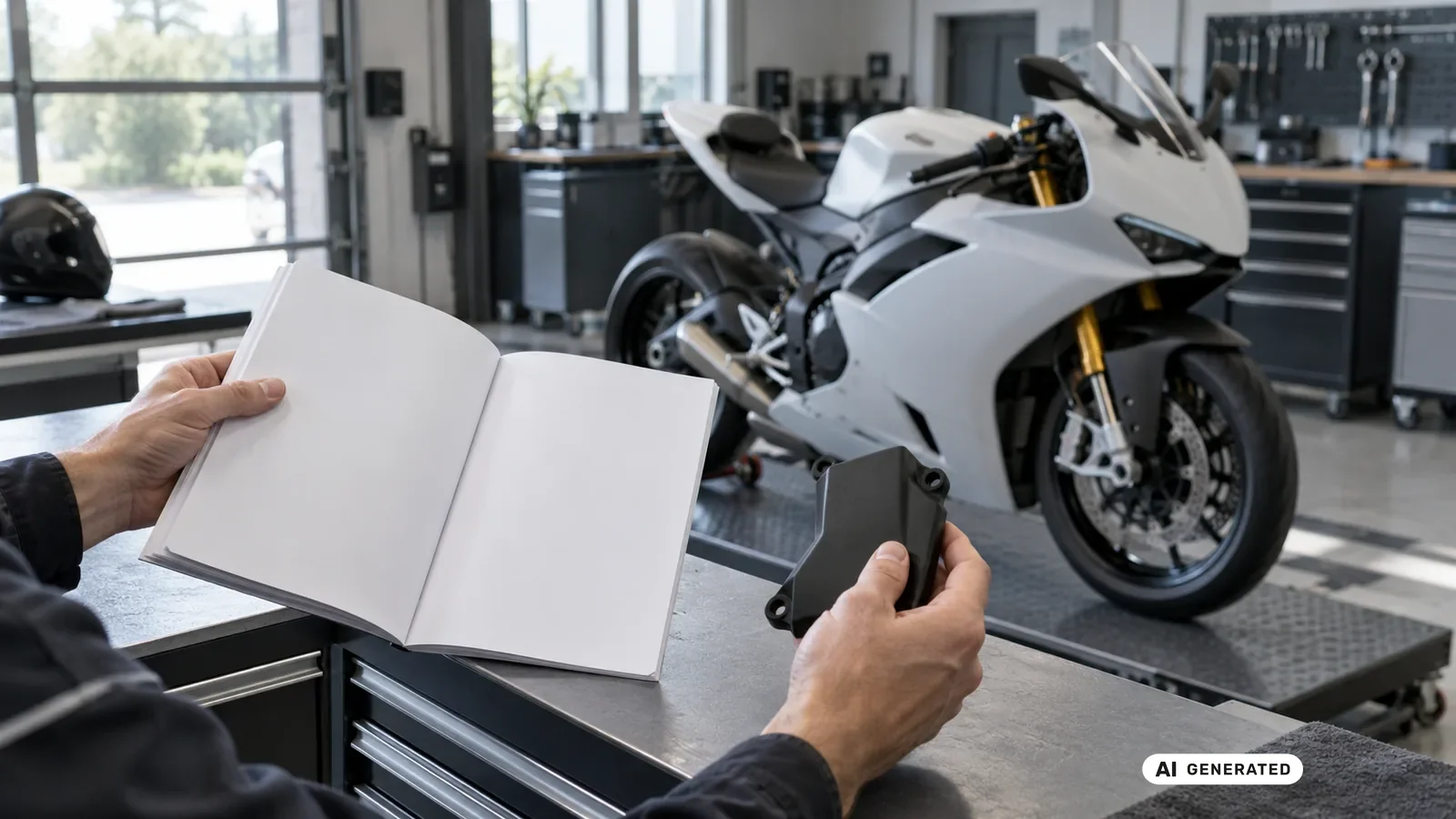 Dokumenten- und Bauteilabgleich für den Beitrag CFMOTO 675SR-R 2025–2026; Schrift und persönliche Daten sind nicht lesbar. — KI-generierte Szene, redaktionell geprüft