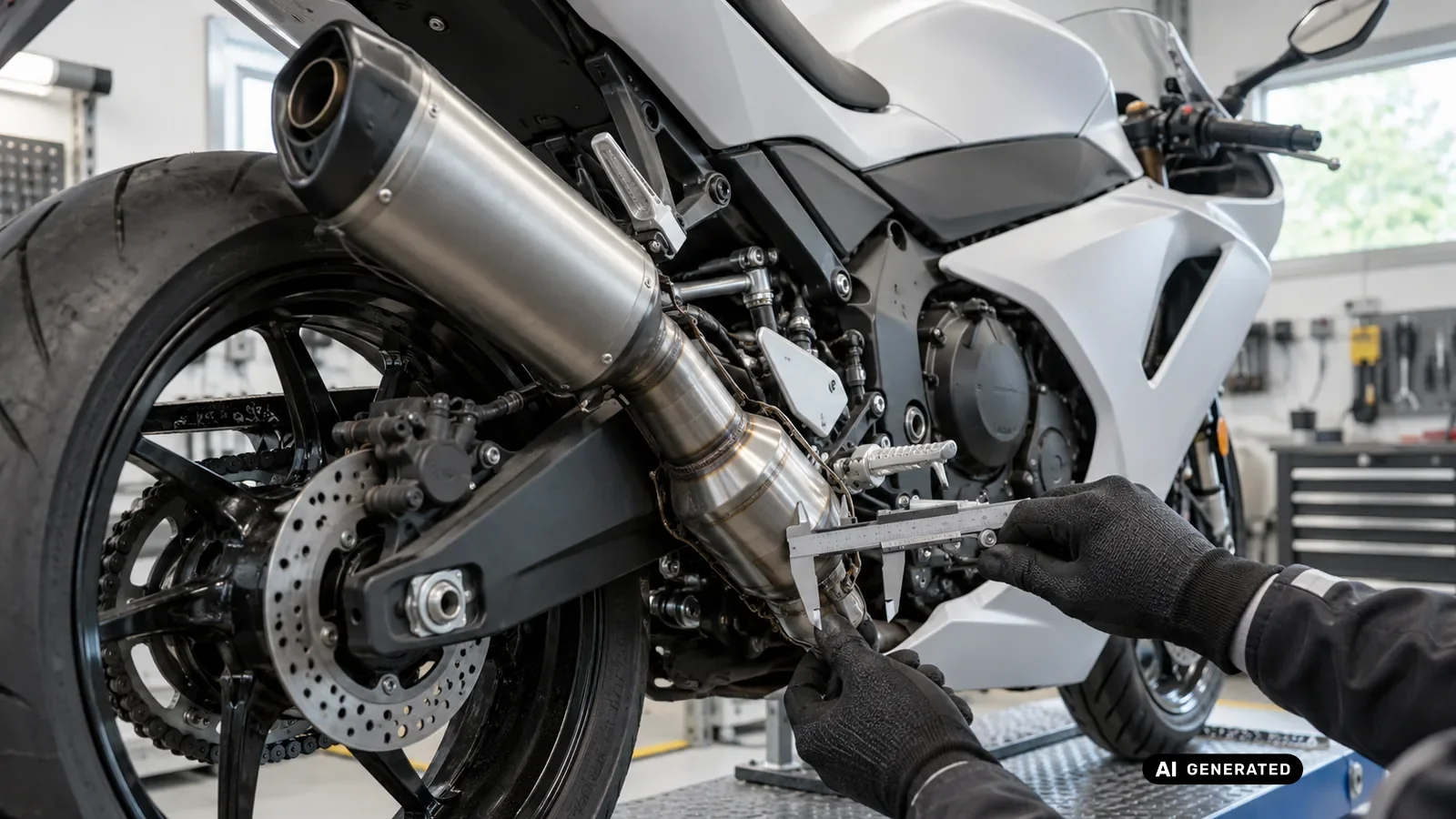 Technische Detailprüfung zum Thema Euro-5+-Anlage mit Pflichtkatalysator an einer neutralen Fahrzeugdarstellung für CFMOTO 675SR-R 2025–2026. — KI-generierte Szene, redaktionell geprüft