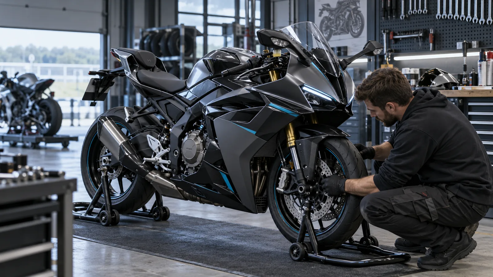 CFMoto 675SR-R 2025–2026 legal tunen: Mechaniker begutachtet Anbauteile an dem Motorrad in der Werkstatt. KI-generiertes Symbolbild · redaktionell geprüft.