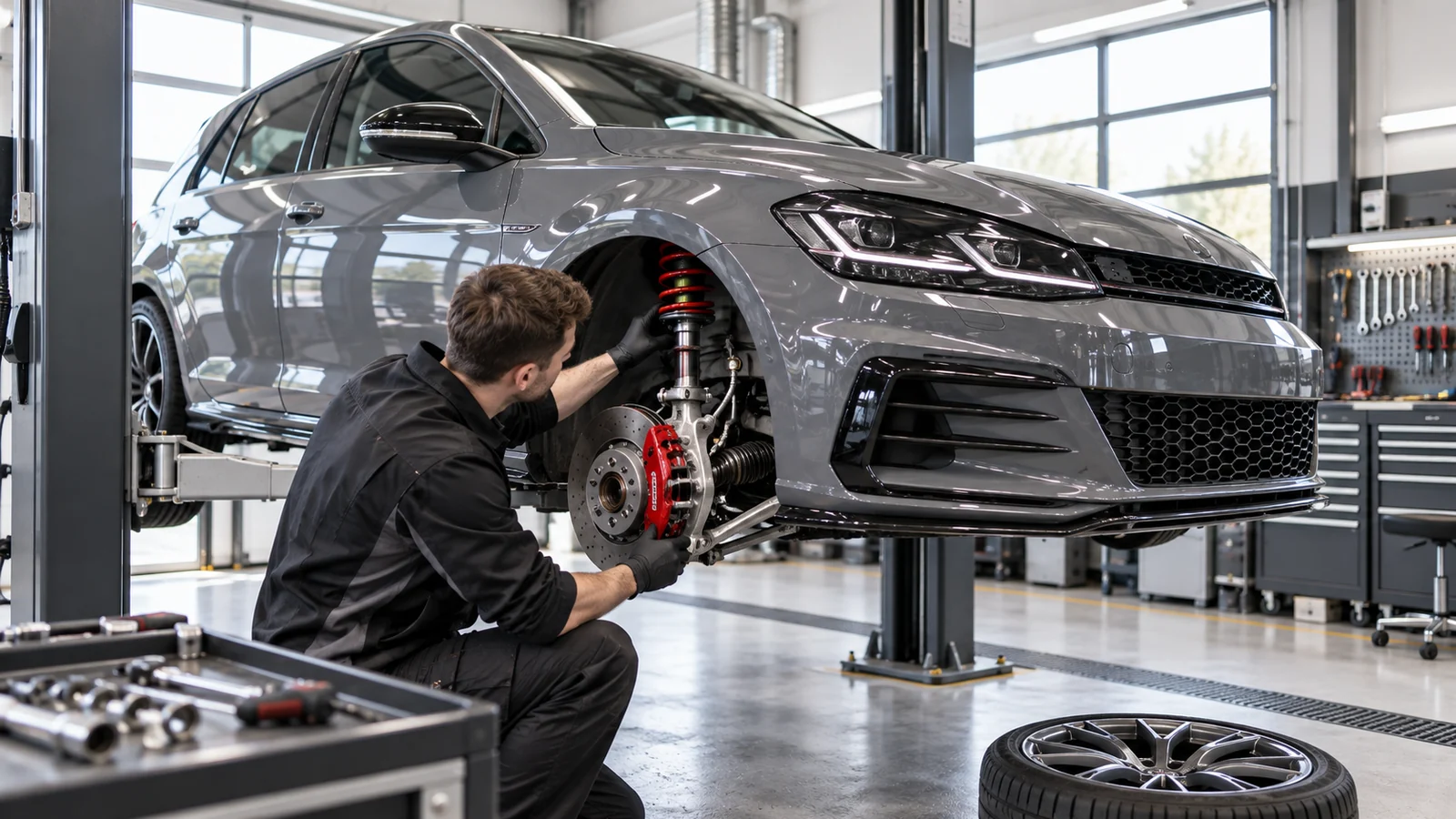 Mechaniker prüft am angehobenen Fahrzeug Bremsscheibe und Fahrwerksfeder, daneben liegt ein ausgebautes Rad. KI-generierte Szene · redaktionell geprüft.