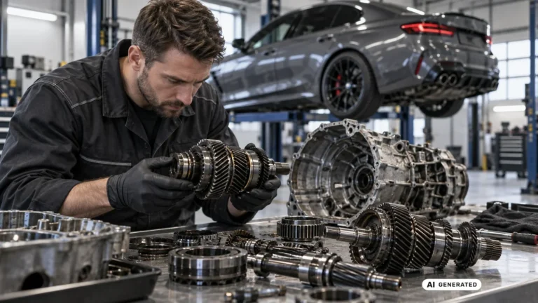 Mechaniker untersucht eine ausgebaute Getriebewelle mit Zahnrädern auf der Werkbank, im Hintergrund ein Sportwagen. KI-generiertes Symbolbild · redaktionell geprüft.