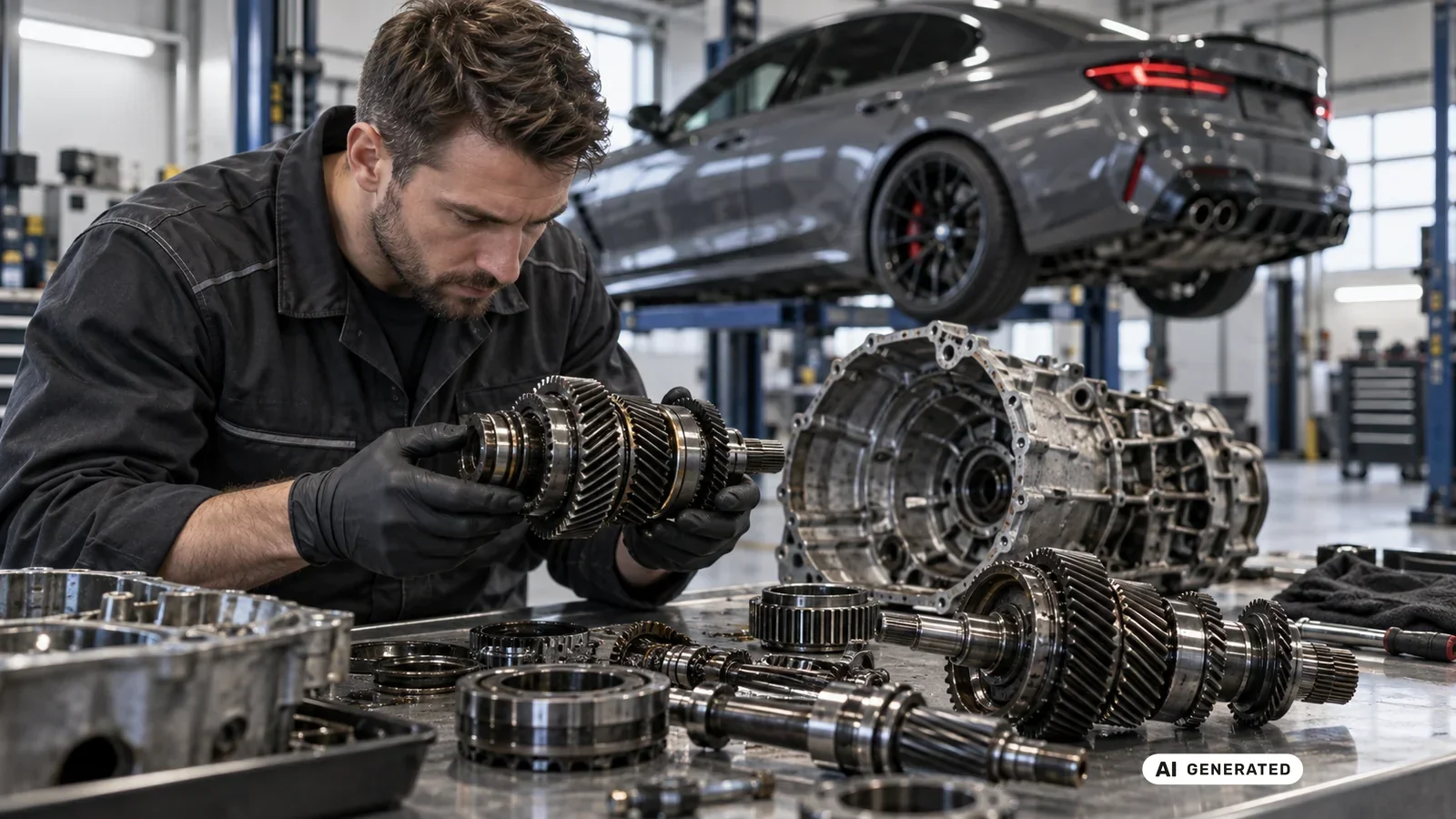 Mechaniker untersucht eine ausgebaute Getriebewelle mit Zahnrädern auf der Werkbank, im Hintergrund ein Sportwagen. KI-generiertes Symbolbild · redaktionell geprüft.