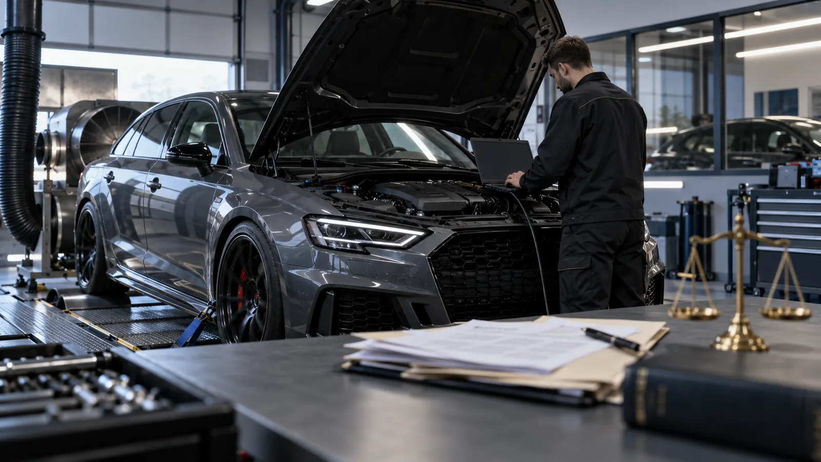 Chiptuning am eigenen Auto: Servicetechniker prüft ein Fahrzeug und zugehörige Bauteile in der Werkstatt. KI-generiertes Symbolbild · redaktionell geprüft.