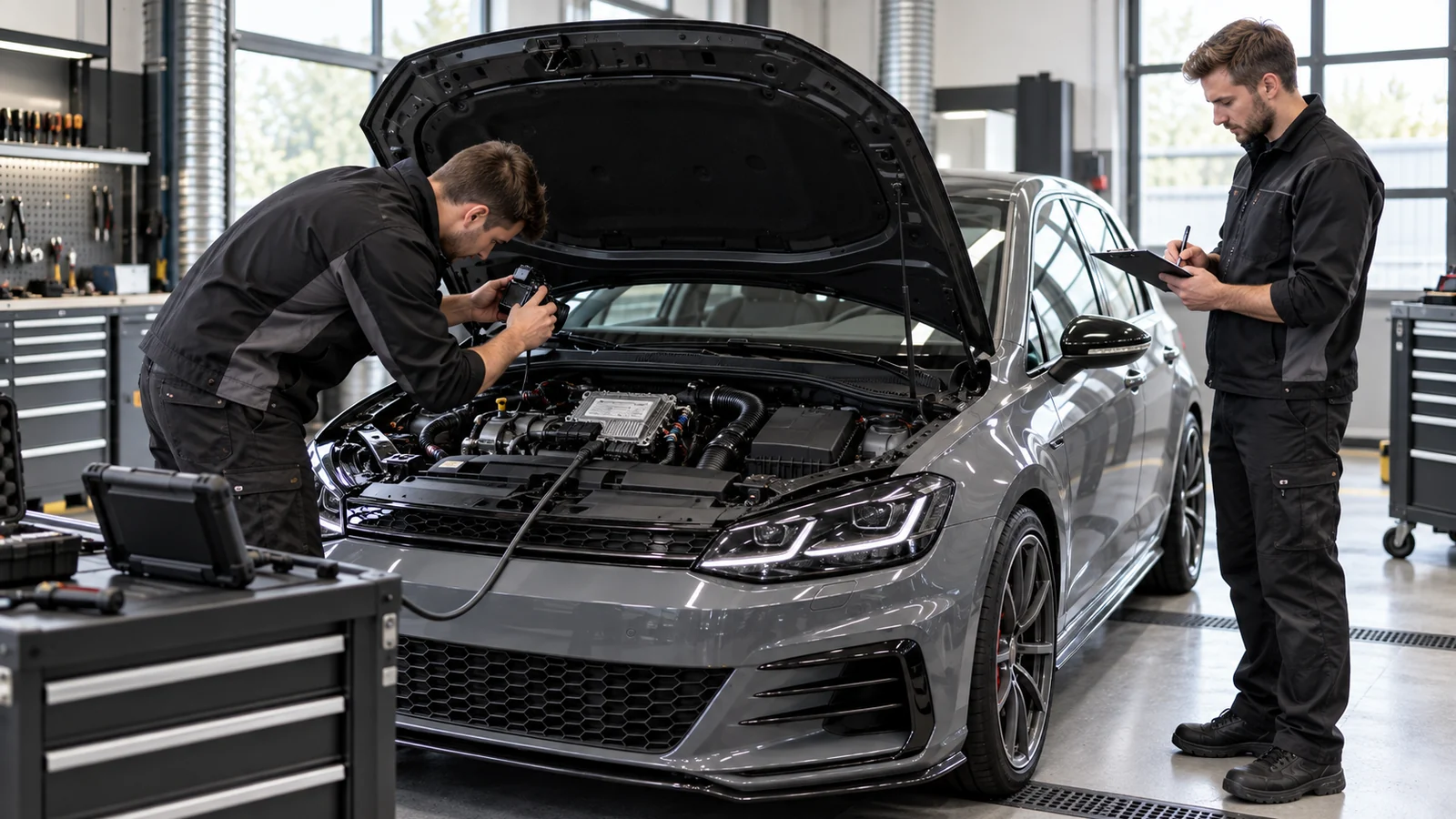 Mechaniker liest mit einem Diagnosegerät am Motorraum aus, ein Kollege notiert auf dem Klemmbrett. KI-generierte Szene · redaktionell geprüft.