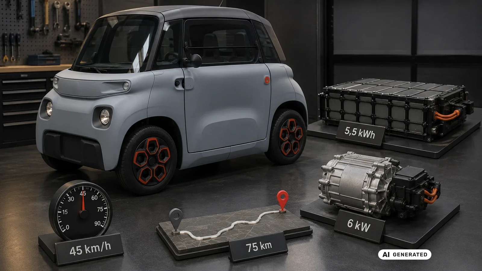 Technische Daten des Citroën Ami: 5,5 kWh Akku, 6 kW Motor, 45 km/h, 75 km Reichweite. KI-generiertes Symbolbild · redaktionell geprüft.