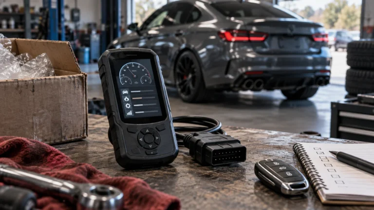 Handgerät mit OBD-Kabel auf einer Werkbank, daneben ein geöffneter Versandkarton, ein Fahrzeugschlüssel und ein Notizblock. KI-generiertes Symbolbild · redaktionell geprüft.