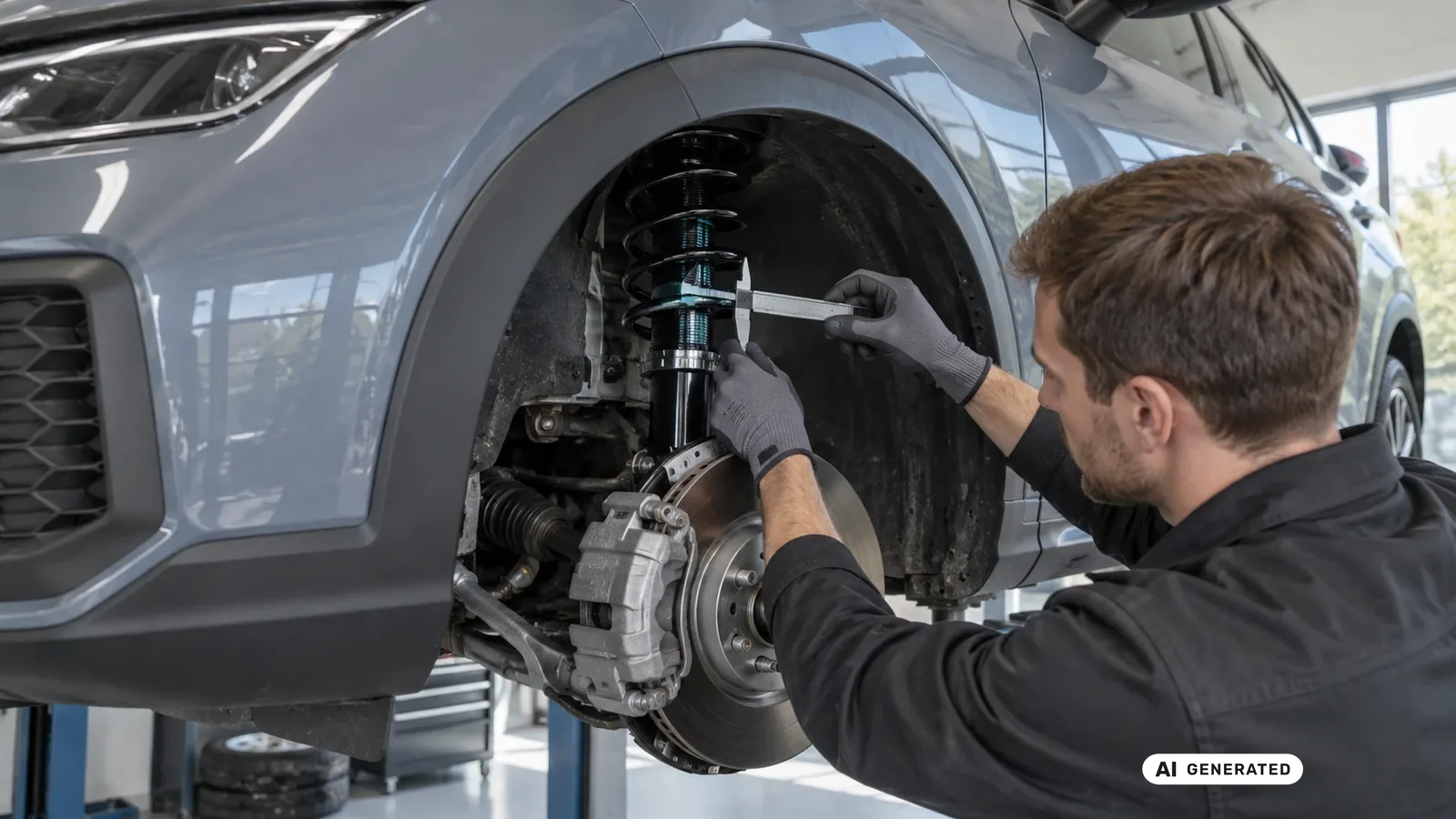 Technische Detailprüfung zum Thema DCC-Fahrwerk, Federn und Gewindelösungen an einer neutralen Fahrzeugdarstellung für CUPRA Formentor VZ. — KI-generierte Szene, redaktionell geprüft