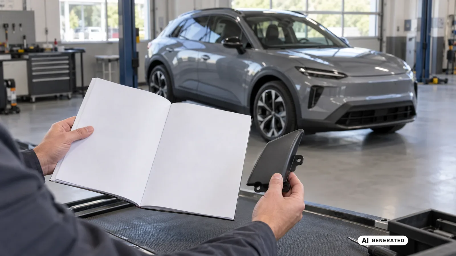 Dokumenten- und Bauteilabgleich für den Beitrag CUPRA Formentor VZ; Schrift und persönliche Daten sind nicht lesbar. — KI-generierte Szene, redaktionell geprüft