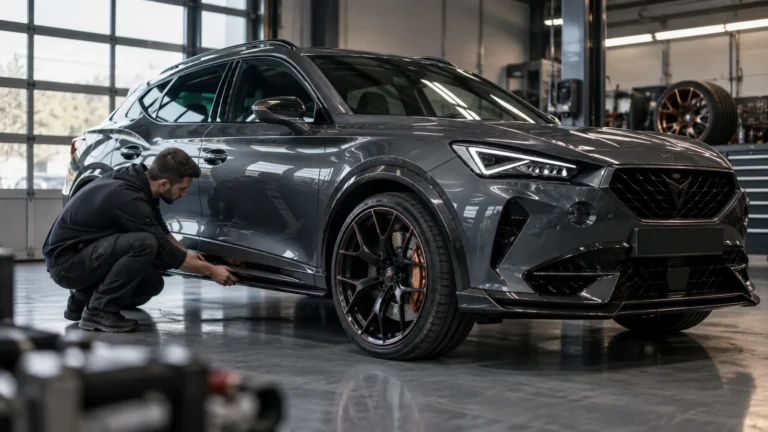 Cupra Formentor VZ 2.0 TSI 4Drive 2020–2024 legal tunen: Servicetechniker prüft das Fahrzeug in der Kfz-Werkstatt. KI-generiertes Symbolbild · redaktionell geprüft.
