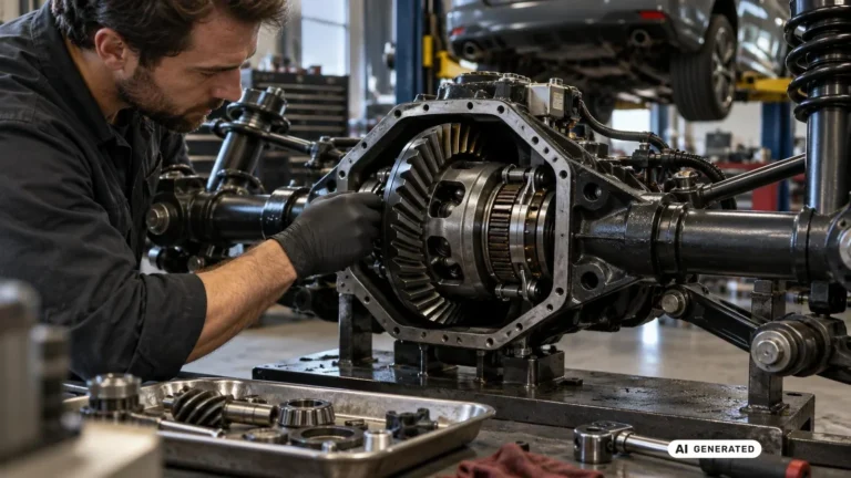 Mechaniker untersucht ein aufgeschnittenes Differential mit Lagerteilen in einer Werkstattschale. KI-generiertes Symbolbild · redaktionell geprüft.