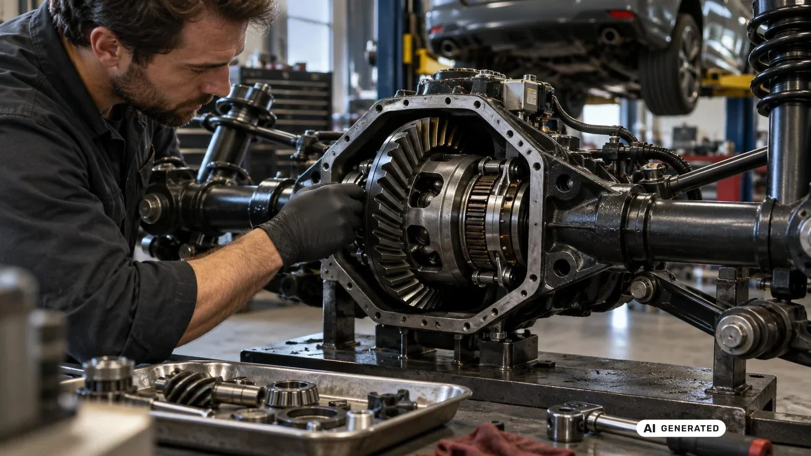 Mechaniker untersucht ein aufgeschnittenes Differential mit Lagerteilen in einer Werkstattschale. KI-generiertes Symbolbild · redaktionell geprüft.