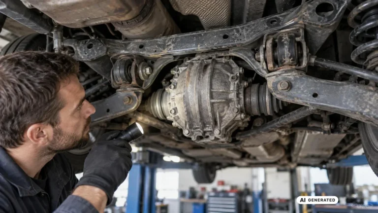 Mechaniker leuchtet mit einer Taschenlampe ein Differential mit Lagerböcken am Unterboden aus. KI-generiertes Symbolbild · redaktionell geprüft.
