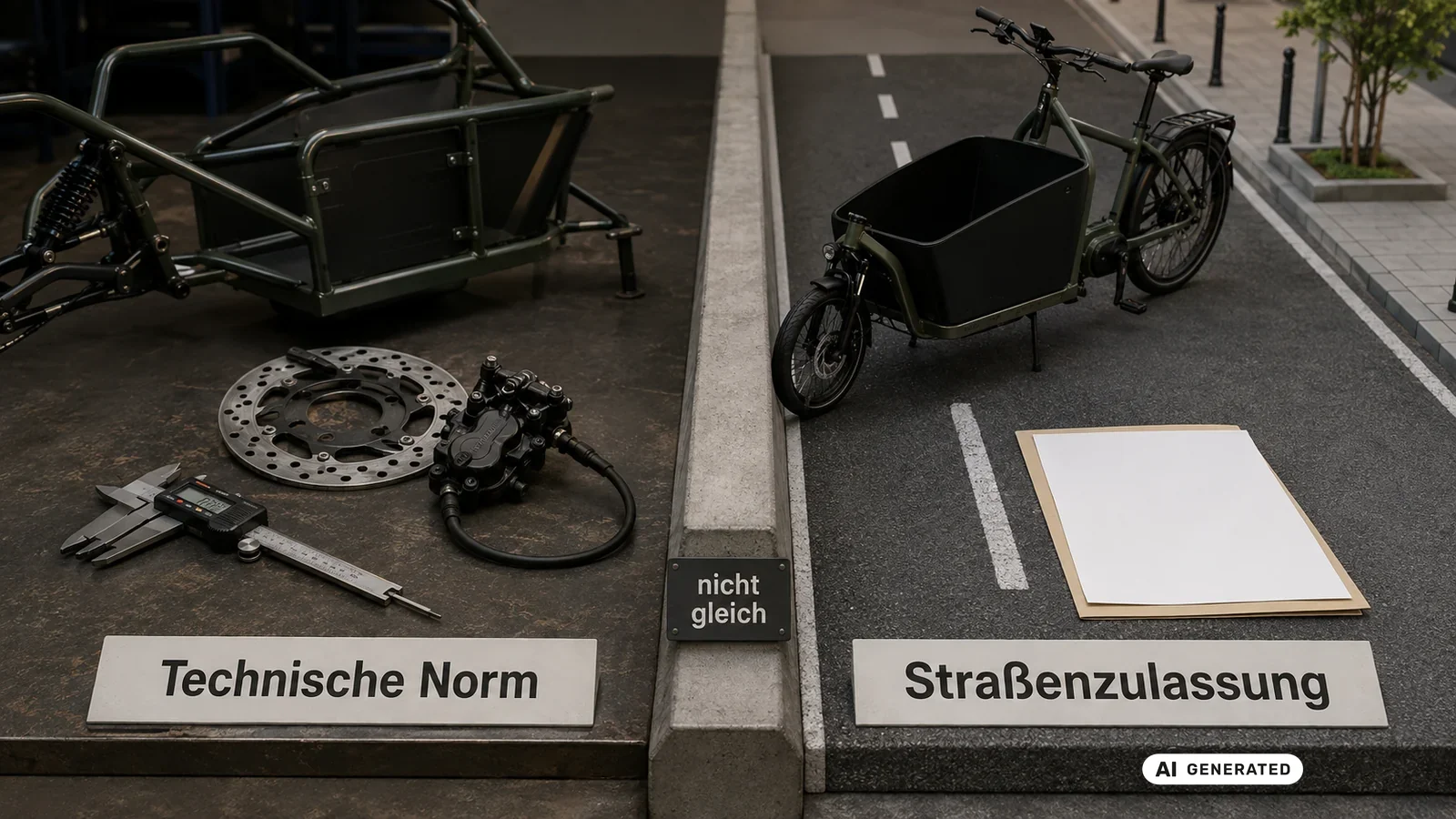 Norm ist keine Zulassung: technische Norm gegenüber Straßenzulassung. KI-generiertes Symbolbild · redaktionell geprüft.