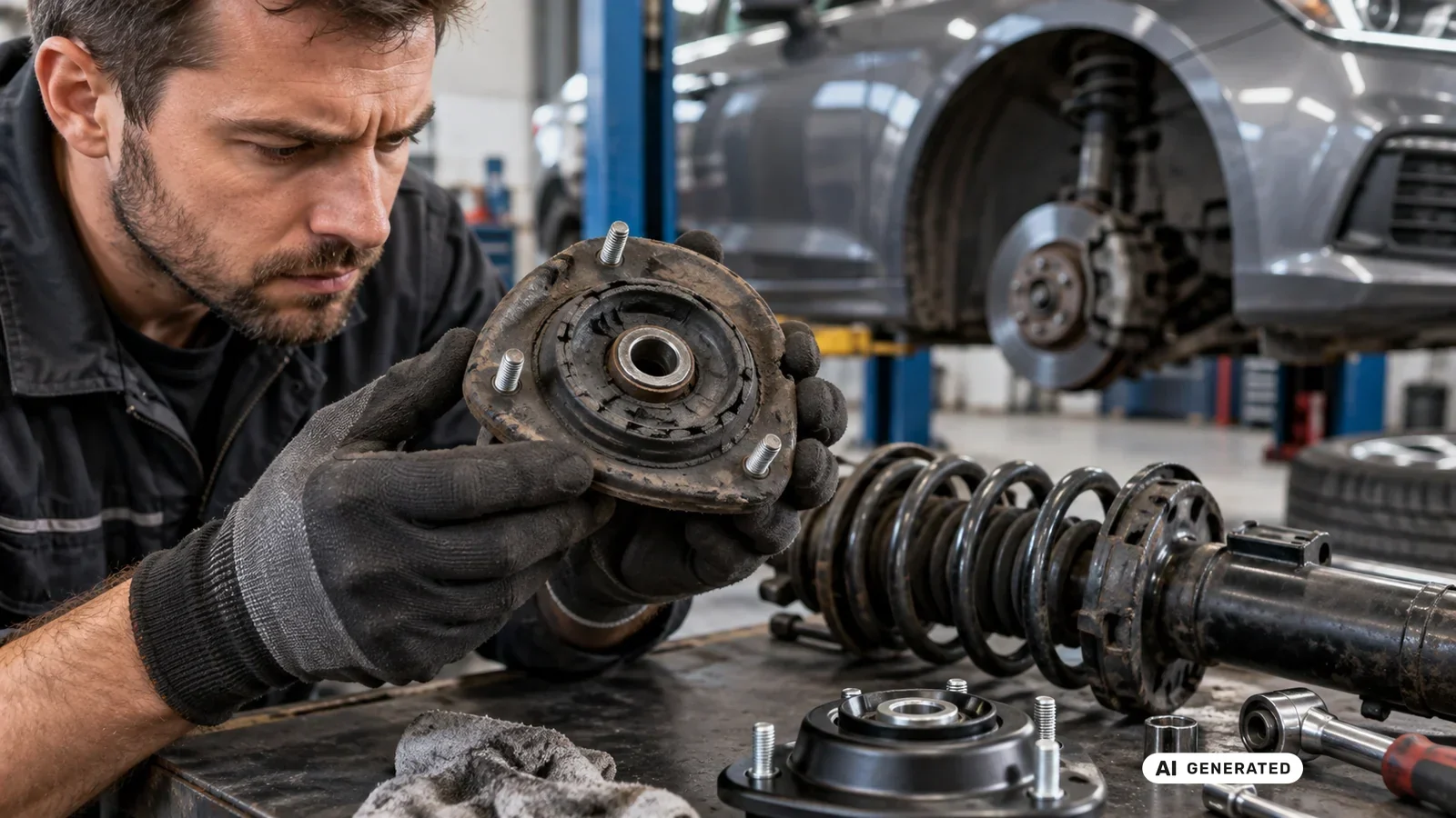 Mechaniker untersucht ein verschlissenes Federbeinlager, im Hintergrund die Radaufhängung eines Fahrzeugs. KI-generiertes Symbolbild · redaktionell geprüft.