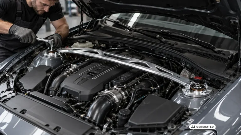Mechaniker montiert eine Domstrebe im Motorraum eines Fahrzeugs. KI-generiertes Symbolbild · redaktionell geprüft.