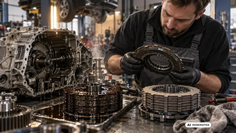 Mechaniker vergleicht eine ölnasse mit einer trockenen Kupplungslamelle auf der Werkbank. KI-generiertes Symbolbild · redaktionell geprüft.