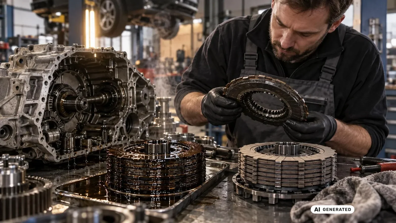 Mechaniker vergleicht eine ölnasse mit einer trockenen Kupplungslamelle auf der Werkbank. KI-generiertes Symbolbild · redaktionell geprüft.