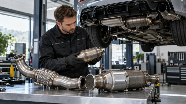 Downpipe legal prüfen: Servicetechniker prüft ein Fahrzeug und zugehörige Bauteile in der Werkstatt. KI-generiertes Symbolbild · redaktionell geprüft.