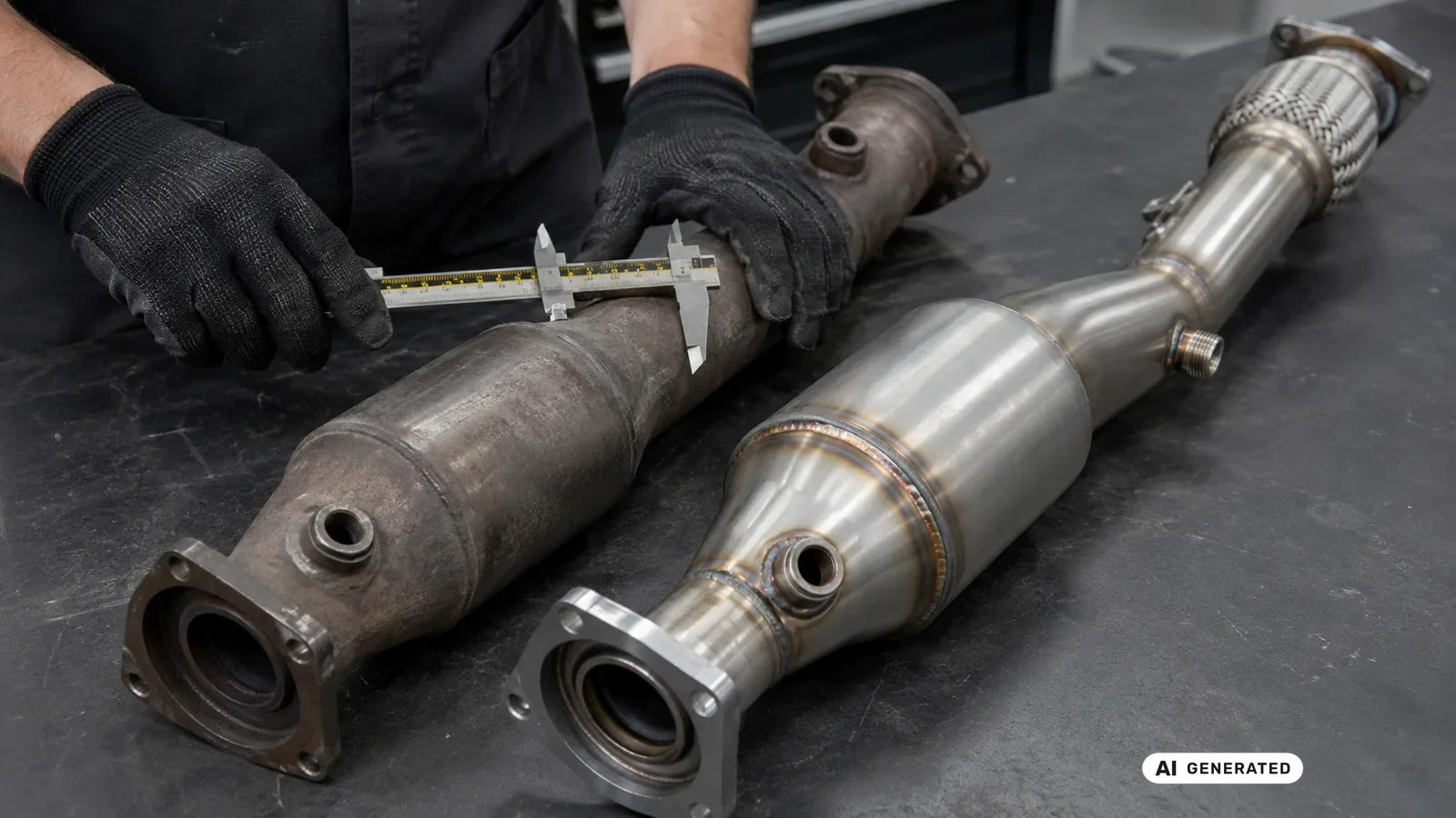 Vergleich eines gebrauchten Serienteils mit einer neuen Downpipe auf der Werkbank — KI-generierte Szene, redaktionell geprüft