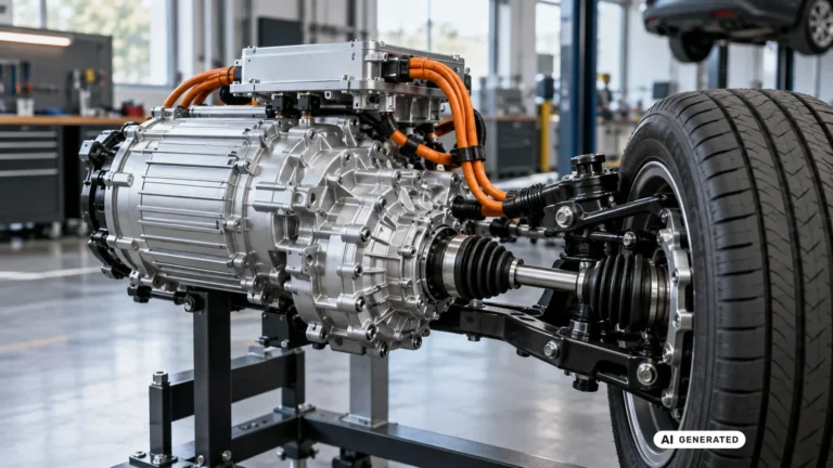 Elektroantrieb mit Hochvolt-Verkabelung und Radaufhaengung auf einem Werkstattpruefstand