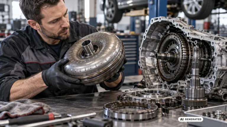 Mechaniker hält einen ausgebauten Drehmomentwandler neben einem geöffneten Automatikgetriebe. KI-generiertes Symbolbild · redaktionell geprüft.