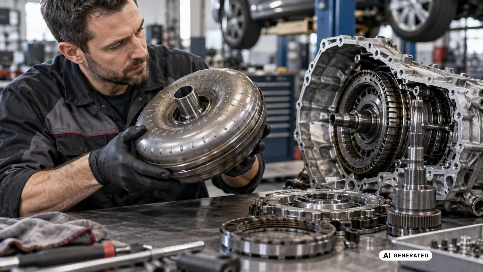 Mechaniker hält einen ausgebauten Drehmomentwandler neben einem geöffneten Automatikgetriebe. KI-generiertes Symbolbild · redaktionell geprüft.