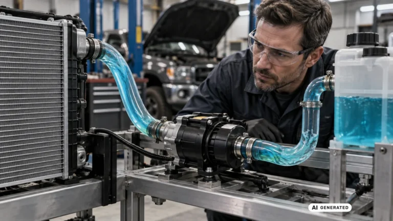 Mechaniker prüft eine elektrische Pumpe mit durchsichtigem Schlauch und Kühlmittelfluss am Prüfstand. KI-generiertes Symbolbild · redaktionell geprüft.