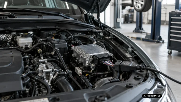 Diagnosegeraet per Kabel an die OBD-Buchse im Motorraum eines Fahrzeugs angeschlossen