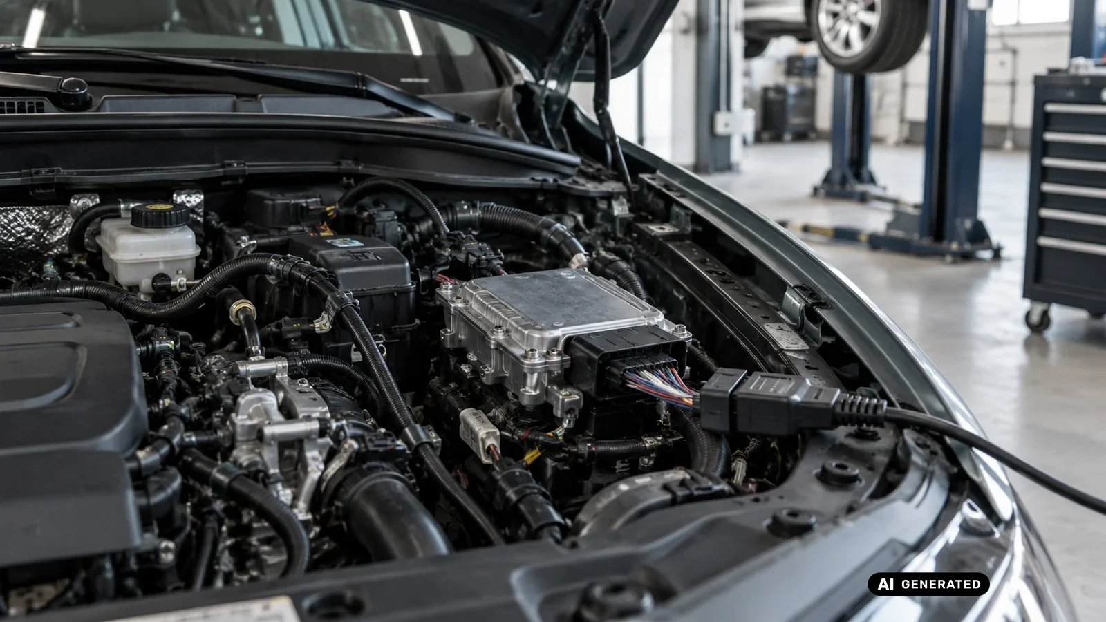 Diagnosegeraet per Kabel an die OBD-Buchse im Motorraum eines Fahrzeugs angeschlossen
